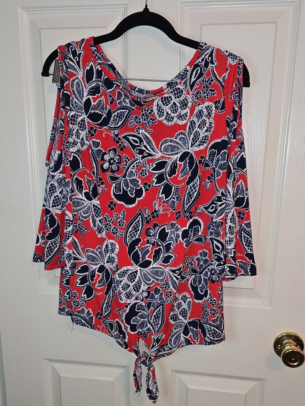 Red Floral Cold-Shoulder Tie-Front Blouse
